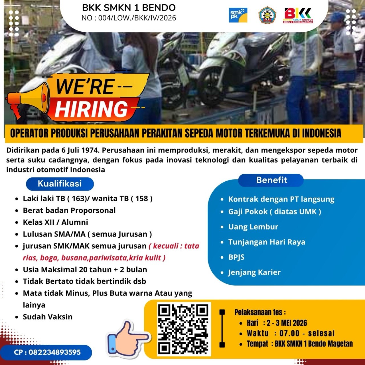 Lowongan Kerja Operator Produksi 2026 – Perusahaan Perakitan Motor